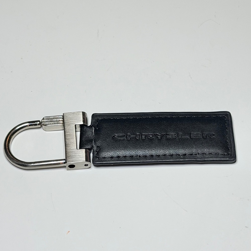 Chrysler Black Leather Keychain Silver Swivel Clip Embossed Wing Logo Fob